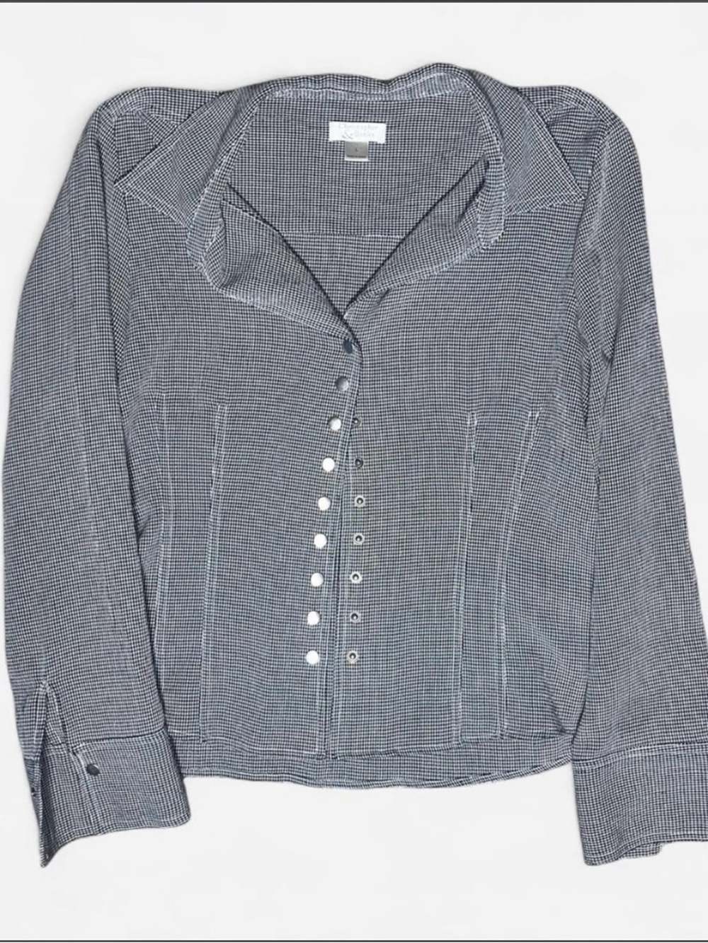 Button-Front Checkered Blouse in Black and White